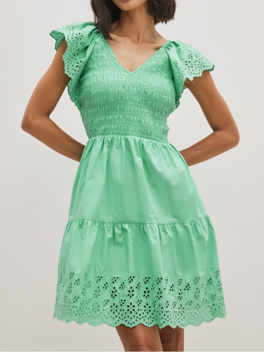 GAP Mint Green Eyelet Embroidered Smocked Tiered Midi Dress L Petite